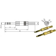 Kištukas 6,3mm stereo auksinis 