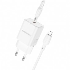 Tinklo įkroviklis 220V USB C 30W + USB C - iPhone 8pin (lightning) kabelis 1m greito krovimo (QC3.0) Borofone BN13 baltas (white)