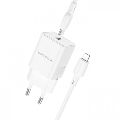 Tinklo įkroviklis 220V USB C 30W + USB C - iPhone 8pin (lightning) kabelis 1m greito krovimo (QC3.0) Borofone BN13 baltas (white)