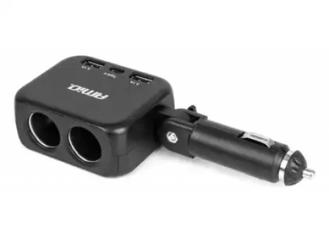 Automobilinis 12V/24V lizdo šakotuvas 1 → 2 lizdai USB + USB C 100W AMiO
