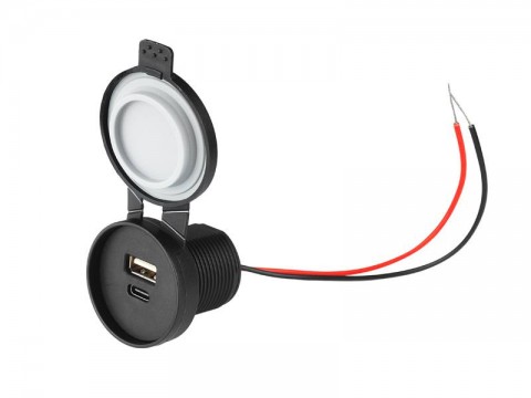 Automobilinis pridegiklio 12V-24V USB + USB C lizdas 3.1A su dangteliu IP 67