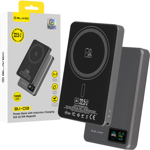 Nešiojamas įkroviklis - akumuliatorius 10000mAh USB C 22.5W su bevieliu įkrovikliu magnetinis su ekranu (QC3.0) Slim Blavec PBBJ03-MC10G