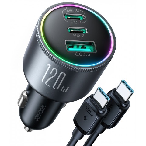 Automobilinis įkroviklis 12-24V 2USB C + USB 120W su laidu 1m greito krovimo (QC3.0) Joyroom JR-CCN07