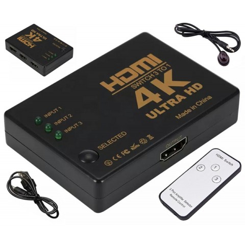 HDMI sumatorius 3 → 1 su maitinimu, su pultu