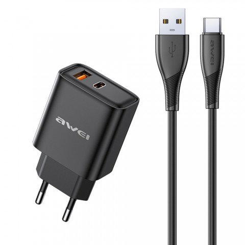 Tinklo įkroviklis 220V USB C + USB 22.5W su USB C 1m juodas (black) Awei PD81T-EU