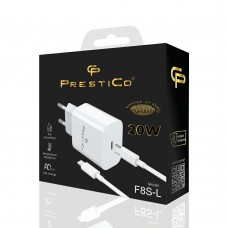 Tinklo įkroviklis 220V USB C 20W + iPhone 12/13 8pin (Lightning) 1m baltas Prestico F8S -L