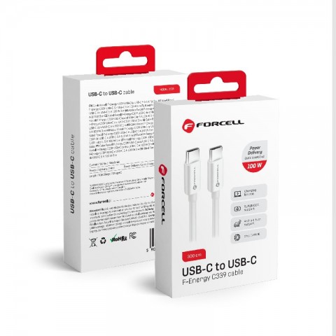 Laidas USB C - USB C 100W 5A 3m baltas Forcell C339 