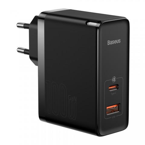 Tinklo įkroviklis 220V USB C + USB 100W greito krovimo (QC4.0) juodas Baseus GaN5 Pro