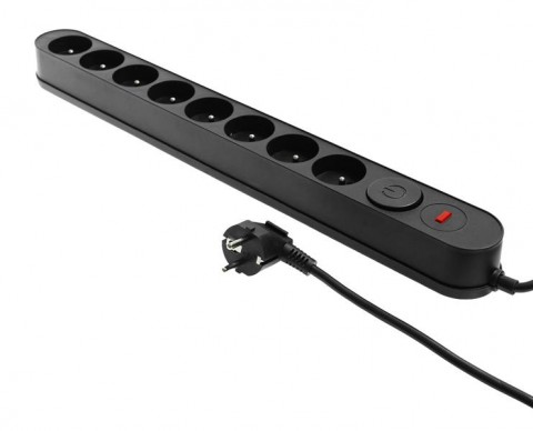 Tinklo ilgiklis 220V 8 lizdai su įžeminimu, su apsauga nuo viršįtampio, su jungikliu 5m juodas