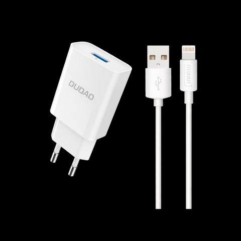 Tinklo įkroviklis 220V USB - iPhone (Lightning) 2.1A su laidu 1m baltas Dudao A4EU
