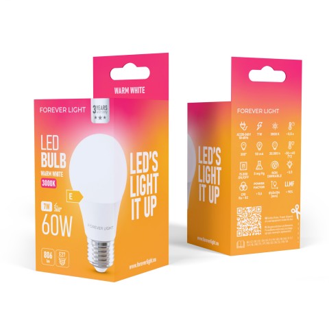 LED lempa E27 (A60) 220V 7W (60W) 3000K 806lm šiltai balta Forever Light