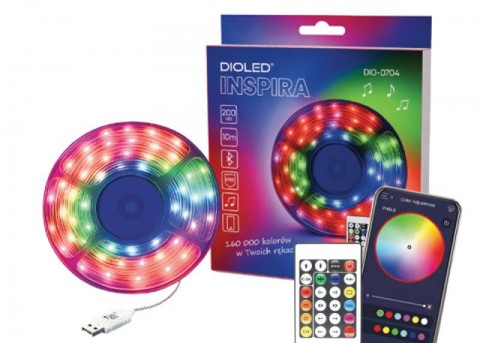 LED juostos komplektas hermetiška IP65 RGB 10m su Bluetooth, su pultu Dioled DIO-0704 (maitinimas per USB)