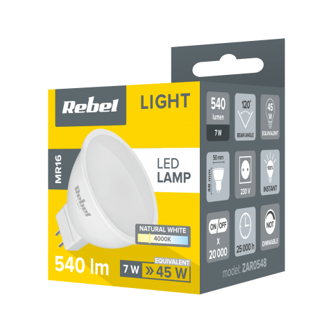LED lempa GU5.3 MR16 220V 7W (45W) 4000K 540lm neutrali balta Rebel
