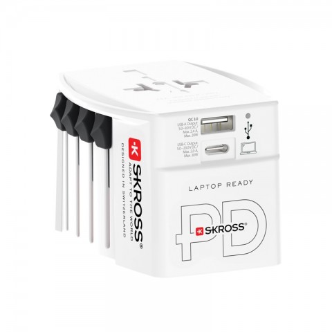 Tinklo perėjimas 220V neįžemintas (220 šalių) + USB + USB C baltas Skross
