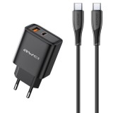 Tinklo įkroviklis 220V USB C + USB 22.5W su USB C 1m juodas (black) Awei PD81T-EU