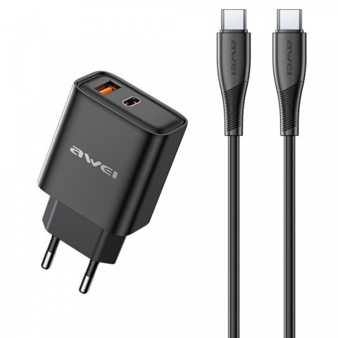 Tinklo įkroviklis 220V USB C + USB 22.5W su USB C 1m juodas (black) Awei PD81T-EU