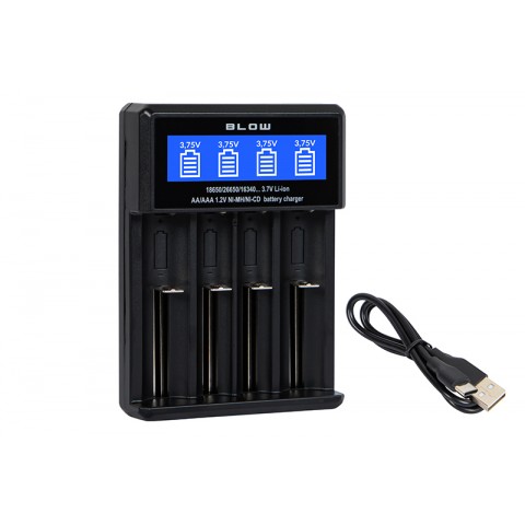 Mikroprocesorinis įkroviklis akumuliatoriams Li-ion / Ni-Mh / Ni-Cd automatinis 18650 AA / AAA 4 kanalų su LED ekranu per USB C Blow XN-110