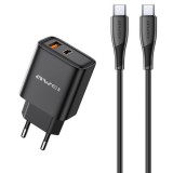 Tinklo įkroviklis 220V USB C + USB 22.5W su USB C 1m juodas (black) Awei PD81T-EU