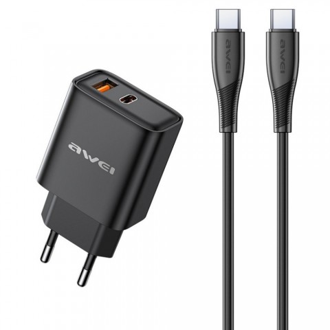 Tinklo įkroviklis 220V USB C + USB 22.5W su USB C 1m juodas (black) Awei PD81T-EU