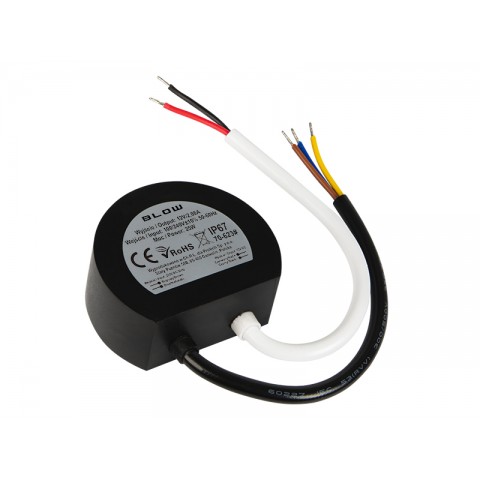 LED maitinimo šaltinis 220V 12V 2.08A 25W atsparus vandeniui IP67 (mini apvalus) juodas Blow plastikinis