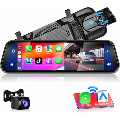 Automobilinis vaizdo registratorius 9.66'' su veidrodėliu ir galinio vaizdo kamera Carplay / Android Auto PMX 