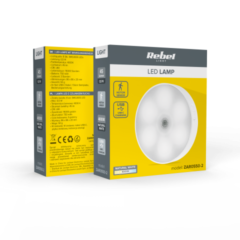 LED lempa 0.5W 4000K 45lm neutrali balta su judesio jutikliu ir akumuliatoriumi 750mAh magnetinė Rebel