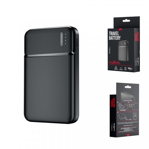 Nešiojamas įkroviklis - akumuliatorius 10000mAh 2xUSB + USB C su indikatoriumi juodas (black) Maxlife MXPB-01